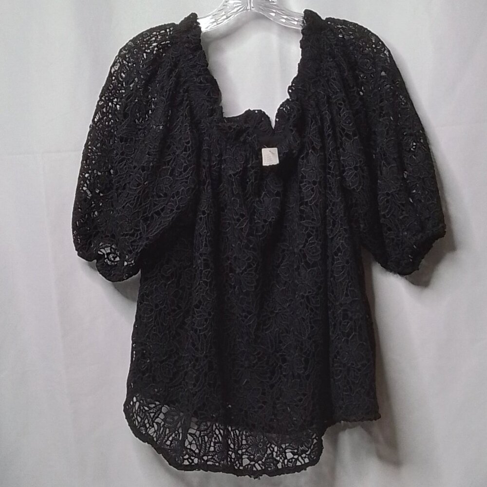 NWT ANTHROPOLOGIE MAEVE OFF THE SHOULDER LINED BLACK FLORAL LACE BLOUSE SIZE L